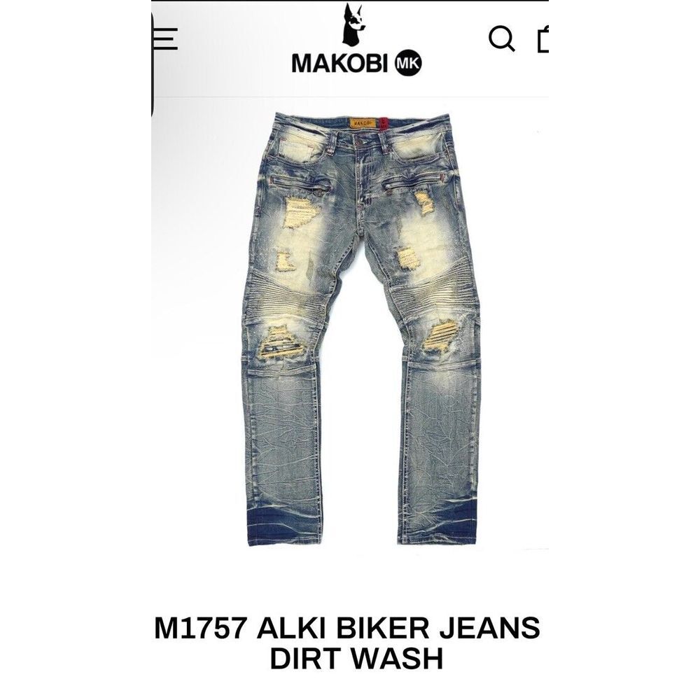 MAKOBI Alki Biker Jeans‎ Mens 44X32 M1757 Vintage Light Wash Moto Distressed NWT